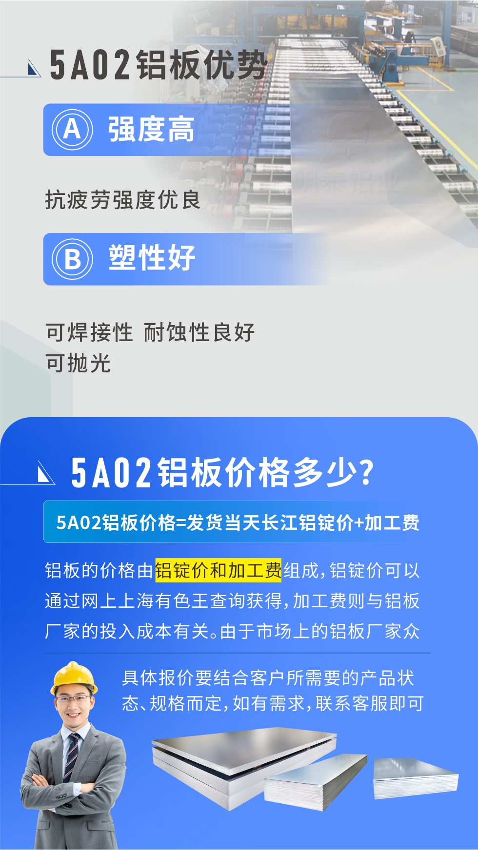 5A02产品优势:强度高、抗疲劳强度优良、塑性好、可焊接性、耐蚀性良好、可抛光。5A02铝板价格多少？5A02铝板价格=发货当天长江铝锭价+加工费；
铝板的价格由铝锭价和加工费组成，铝锭价可以通过网上上海有色王查询获得，加工费则与铝板厂家的投入成本有关。由于市场上的铝板厂家众多，再加上5a05铝板具有不同的状态和规格，每个厂家、每个状态的报价也都是不一样的。具体报价要结合客户所需要的产品状态、规格而定，如有需求，联系客服即可安排业务经理为您报价。点击在线咨询。

