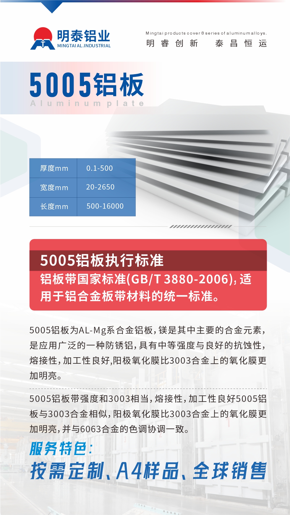 产品介绍

5005铝板为AL-Mg系合金铝板，镁是其中主要的合金元素，是应用广泛的一种防锈铝，具有中等强度与良好的抗蚀性，熔接性，加工性良好,阳极氧化膜比3003合金上的氧化膜更加明亮。

5005铝板带强度和3003相当，熔接性，加工性良好5005铝板与3003合金相似，阳极氧化膜比3003合金上的氧化膜更加明亮，并与6063合金的色调协调一致。服务特色：按需定制、A4样品、全球销售!

