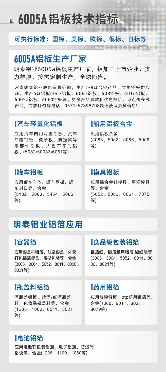 明泰大型铝板帯箔厂家，上市公司，以下常见铝板合金，更多产品可在网站查看，或者拨打电话咨询：0371-67898708。

　　汽车轻量化铝板：应用汽车四门两盖铝板、汽车油箱铝板、翼子板、防撞梁等零部件铝板、大巴车车门铝板、(5052、50083、6061等)

　　船用铝板合金(5083、5052、5086、5059等)

　　罐车铝板：应用罐车车体、罐车隔板、罐车封口等，合金(5182、5083、5454、5086等)

　　模具铝板：应用铝合金鞋模具、蛋糕模具等，合金(5052、5083、6061、7075等)

　　明泰铝业铝箔应用
　　容器箔：应用餐盒料铝箔、航空餐盒、外卖打包铝箔餐盒、蛋挞包装等，合金(3003、3004、5052、8011、8006、8021等)

　　食品级包装铝箔：铝箔纸、锡箔纸用铝箔,锡纸袋等(3003、3004、5052、8011、8006、8021等)

　　瓶盖料铝箔：酒瓶盖铝板、啤酒/红酒瓶盖料、化妆品瓶盖料等，合金(1235、1060、8011、8021等)

　　药用铝箔：应用胶囊背板、ptp药用铝箔等，合金(1060、8011、8021、8079等)

　　电池铝箔：应用电池软包装铝箔，电子铝箔、防爆阀铝板等，合金(1235、1100、1060等)

　　6005A铝板技术指标

　　可执行标准：国标、美标、欧标、俄标、日标等

　　6005A铝板生产厂家
　　明泰铝业6005a铝板生产厂家，铝加工上市企业，实力雄厚，按需定制生产，全球销售。

　　河南明泰铝业股份有限公司，生产1-8系合金产品，大型铝板供应商，生产6系铝板6063铝板、6061铝板、608铝板、6016铝板、6005a铝板、6060铝板等。更多产品参数和优惠报价，可点击在线咨询，或拨打咨询电话：0371-67898708快速获取更多信息!