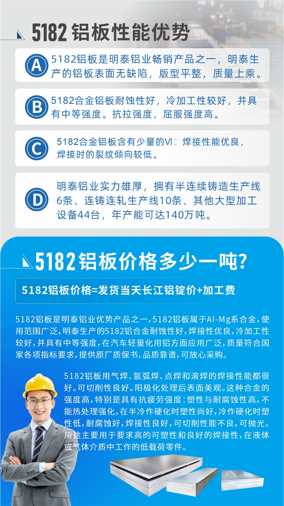 　明泰5182铝板优势:1、5182铝板是明泰铝业畅销产品之一，明泰生产的铝板表面无缺陷，版型平整，质量上乘。
2、5182合金铝板耐蚀性好，冷加工性较好，并具有中等强度。抗拉强度，屈服强度高。
3、5182合金铝板含有少量的Si，焊接性能优良，焊接时的裂纹倾向较低。
4、明泰铝业实力雄厚，拥有半连续铸造生产线6条、连铸连轧生产线10条、其他大型加工设备44台，年产能可达140万吨。
5182铝板是明泰铝业优势产品之一，5182铝板属于Al-Mg系合金，使用范围广泛，明泰生产的5182铝合金耐蚀性好，焊接性优良，冷加工性较好，并具有中等强度，在汽车轻量化用铝方面应用广泛，质量符合国家各项指标要求，提供原厂质保书，品质靠谱，可放心采购。
5182铝板用气焊、氩弧焊、点焊和滚焊的焊接性能都很好。可切削性良好。阳极化处理后表面美观。这种合金的强度高，特别是具有抗疲劳强度：塑性与耐腐蚀性高，不能热处理强化，，在半冷作硬化时塑性尚好，冷作硬化时塑性低，耐腐蚀好，焊接性良好，可切削性能不良，可抛光。用途主要用于要求高的可塑性和良好的焊接性，在液体或气体介质中工作的低载荷零件。
化学成分:含铝(Al) 余量
锌(Zn)≤0.25;铬(Cr)≤0.10;硅(Si)≤0.20;铁(Fe)0.000～0.350;锰(Mn)0.20～0.50;镁(Mg)4.0～5.0;钛(Ti)≤0.10;铜(Cu)≤0.15
力学性能:抗拉强度 σb (MPa)：≥175;条件屈服强度 σ0.2 (MPa)：≥80;伸长率 δ5 (%)：≥15
注 ：管材室温力学性能;试样尺寸：所有壁厚
