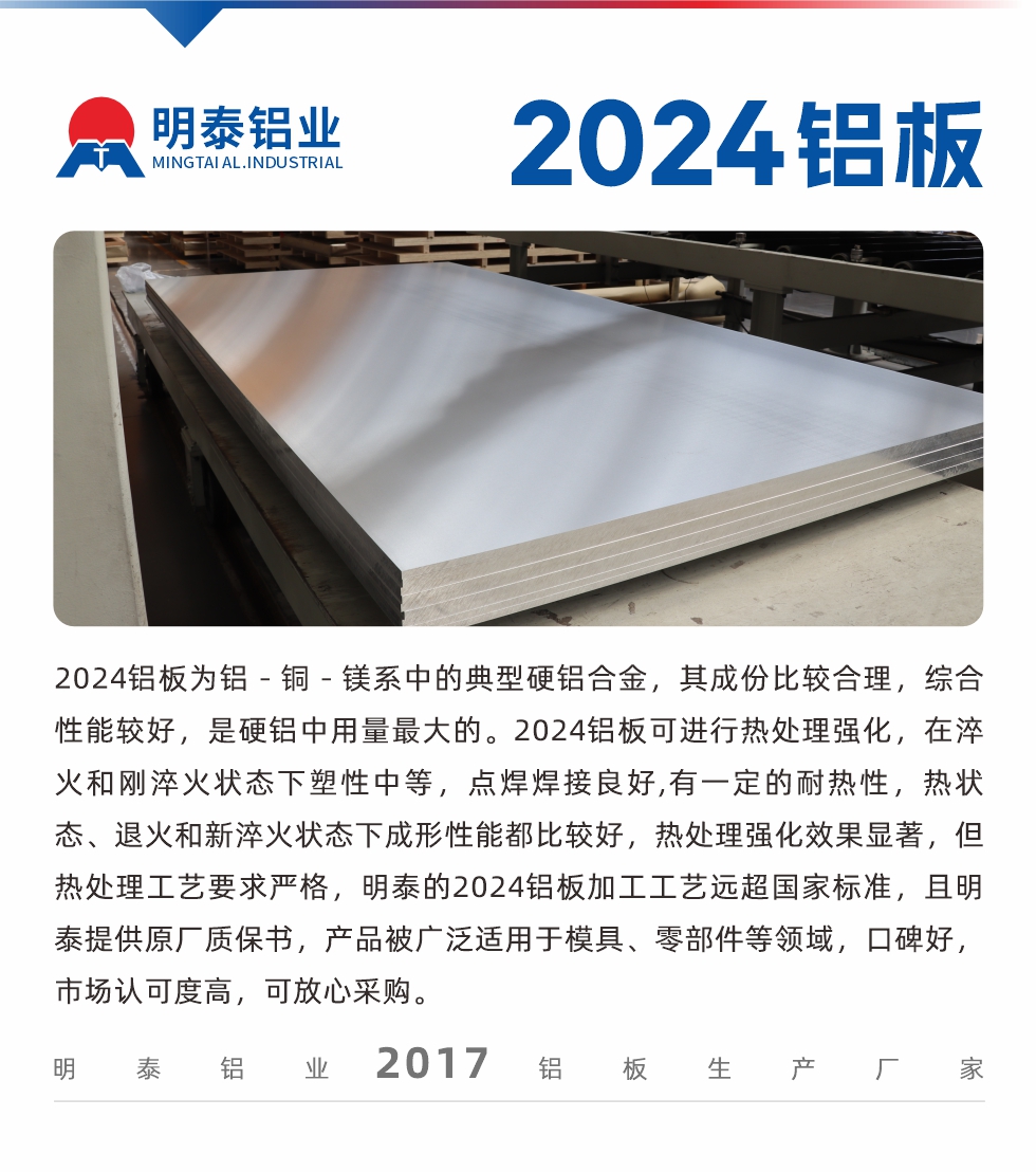 2024铝板为铝－铜－镁系中的典型硬铝合金，其成份比较合理，综合性能较好，是硬铝中用量最大的。2024铝板可进行热处理强化，在淬火和刚淬火状态下塑性中等，点焊焊接良好,有一定的耐热性，热状态、退火和新淬火状态下成形性能都比较好，热处理强化效果显著，但热处理工艺要求严格，明泰的2024铝板加工工艺远超国家标准，且明泰提供原厂质保书，产品被广泛适用于模具、零部件等领域，口碑好，市场认可度高，可放心采购。
