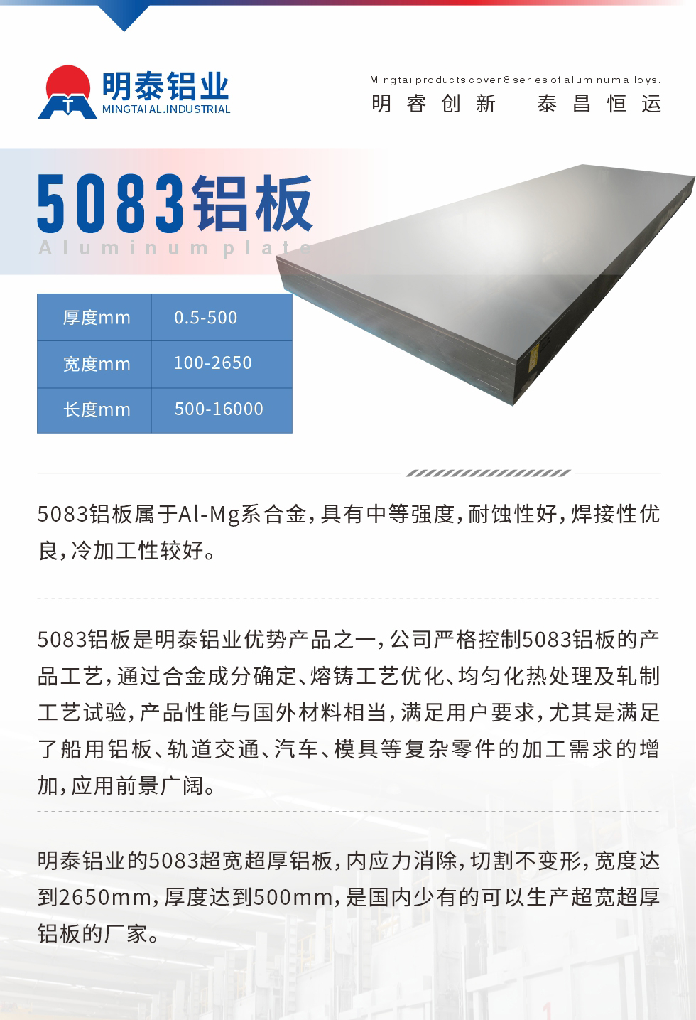 5083铝板属于Al-Mg系合金，具有中等强度，耐蚀性好，焊接性优良，冷加工性较好。
　　5083铝板是明泰铝业优势产品之一，公司严格控制5083铝板的产品工艺，通过合金成分确定、熔铸工艺优化、均匀化热处理及轧制工艺试验，产品性能与国外材料相当，满足用户要求，尤其是满足了船用铝板、轨道交通、汽车、模具等复杂零件的加工需求的增加，应用前景广阔。
　　明泰铝业的5083超宽超厚铝板，内应力消除，切割不变形，宽度达到2650mm，厚度达到500mm，是国内少有的可以生产超宽超厚铝板的厂家。