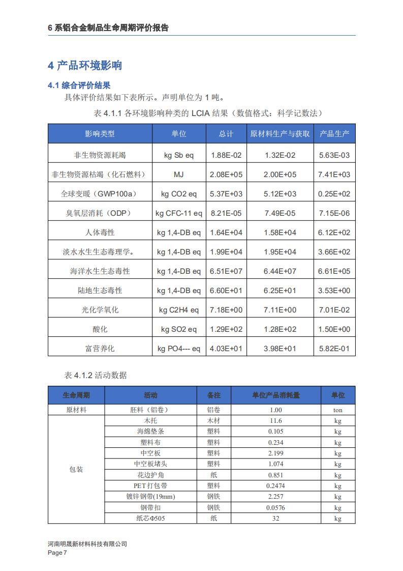 《6系铝合金制品LCA生命周期评价报告》