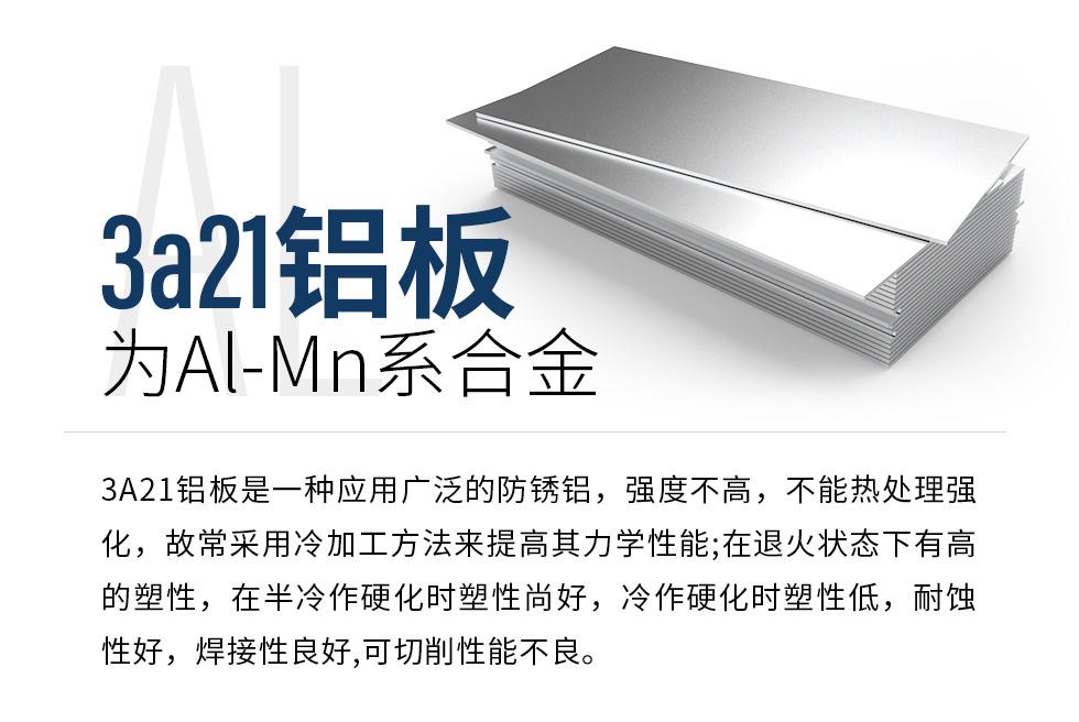 3a21铝板为Al-Mn系合金，3A21铝板是一种应用广泛的防锈铝，强度不高，不能热处理强化，故常采用冷加工方法来提高其力学性能;在退火状态下有高的塑性，在半冷作硬化时塑性尚好，冷作硬化时塑性低，耐蚀性好，焊接性良好,可切削性能不良。